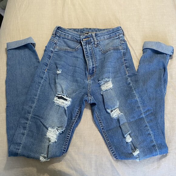 Size 4 H&M High Waisted Blue Ripped Distressed Skinny Jeans - Picture 1 of 4